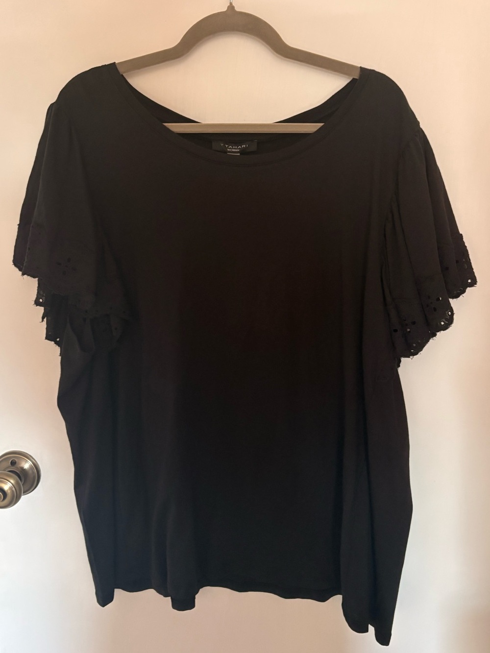 Tahari Black Short Sleeve Top with Eyelet Ruffle Sleeves